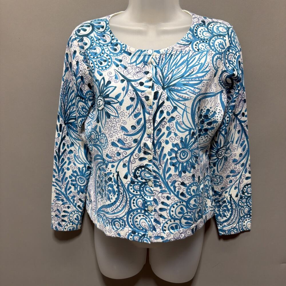 Talbots Size S Petite Blue White Flowers Button Up Cardigan Stretch Cotton Vtg